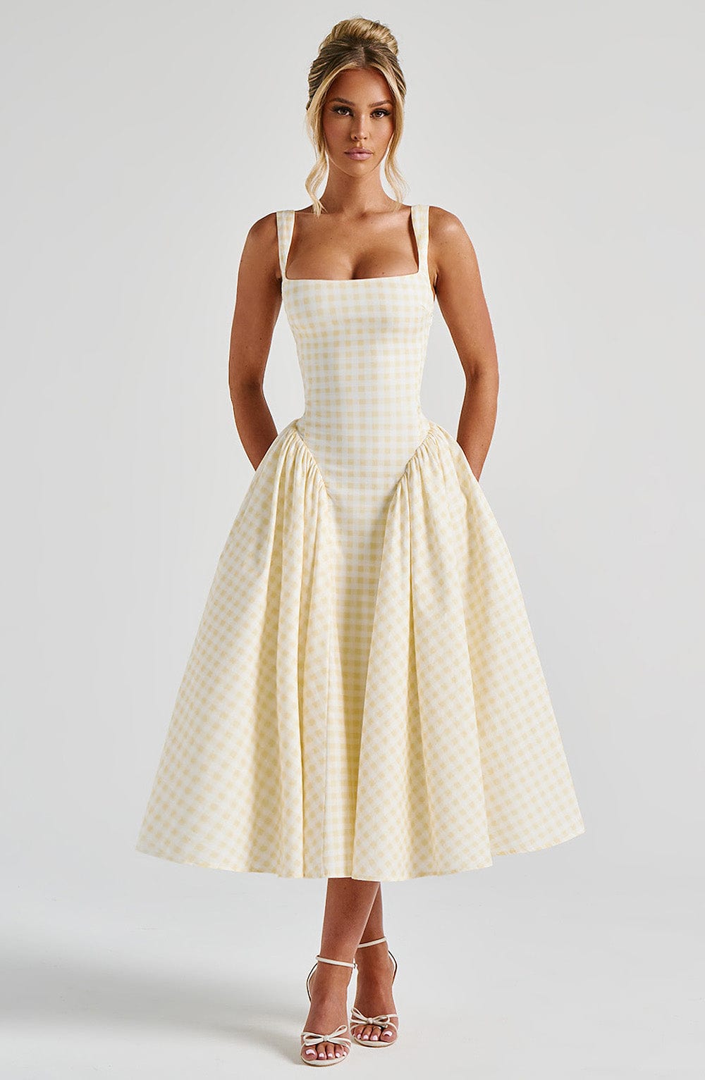 Women's gingham square-neck midi summer dress