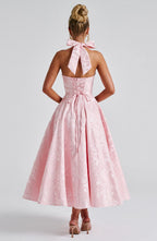 Women's halter neck corset midi wedding guest dress