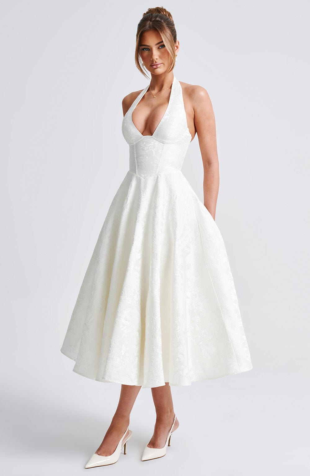 Women's halter neck corset midi wedding guest dress
