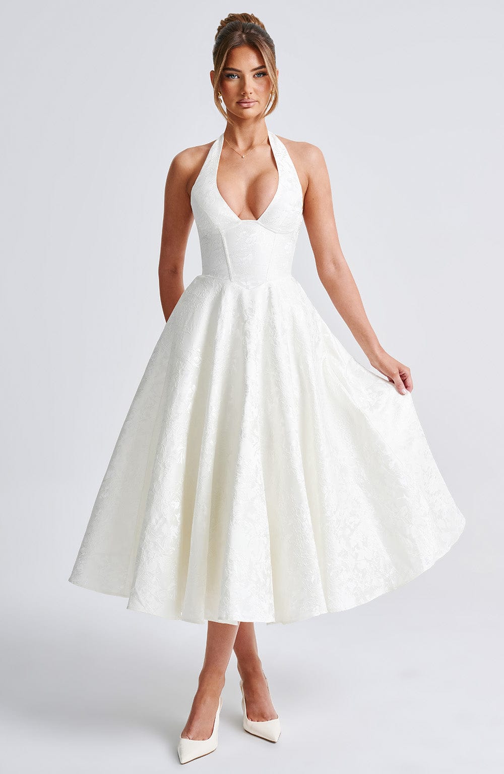 Women's halter neck corset midi wedding guest dress