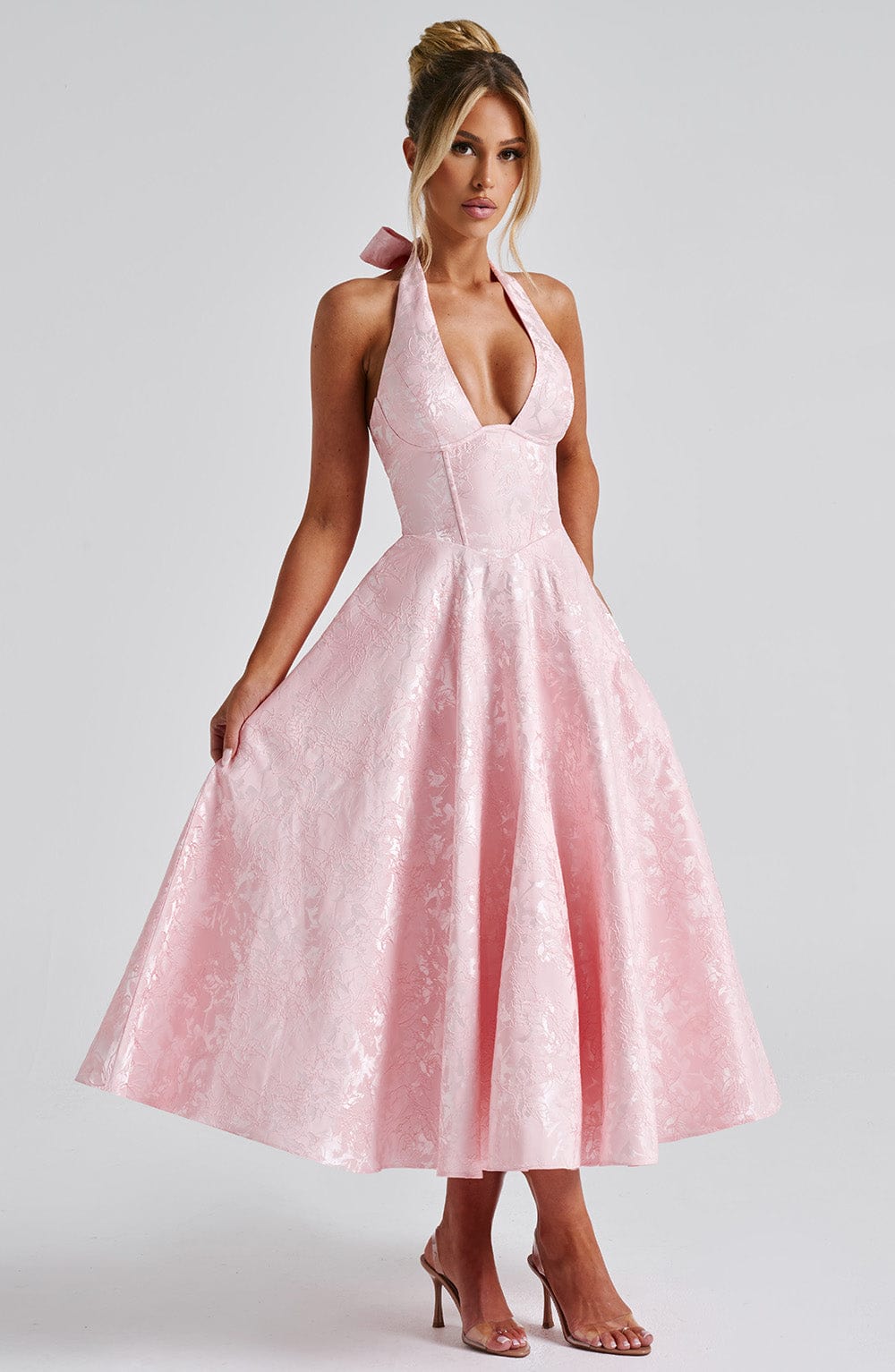 Women's halter neck corset midi wedding guest dress