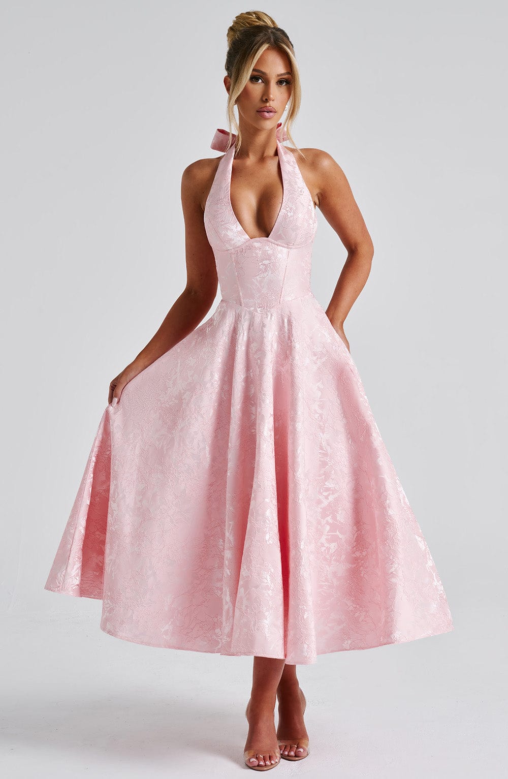 Women's halter neck corset midi wedding guest dress