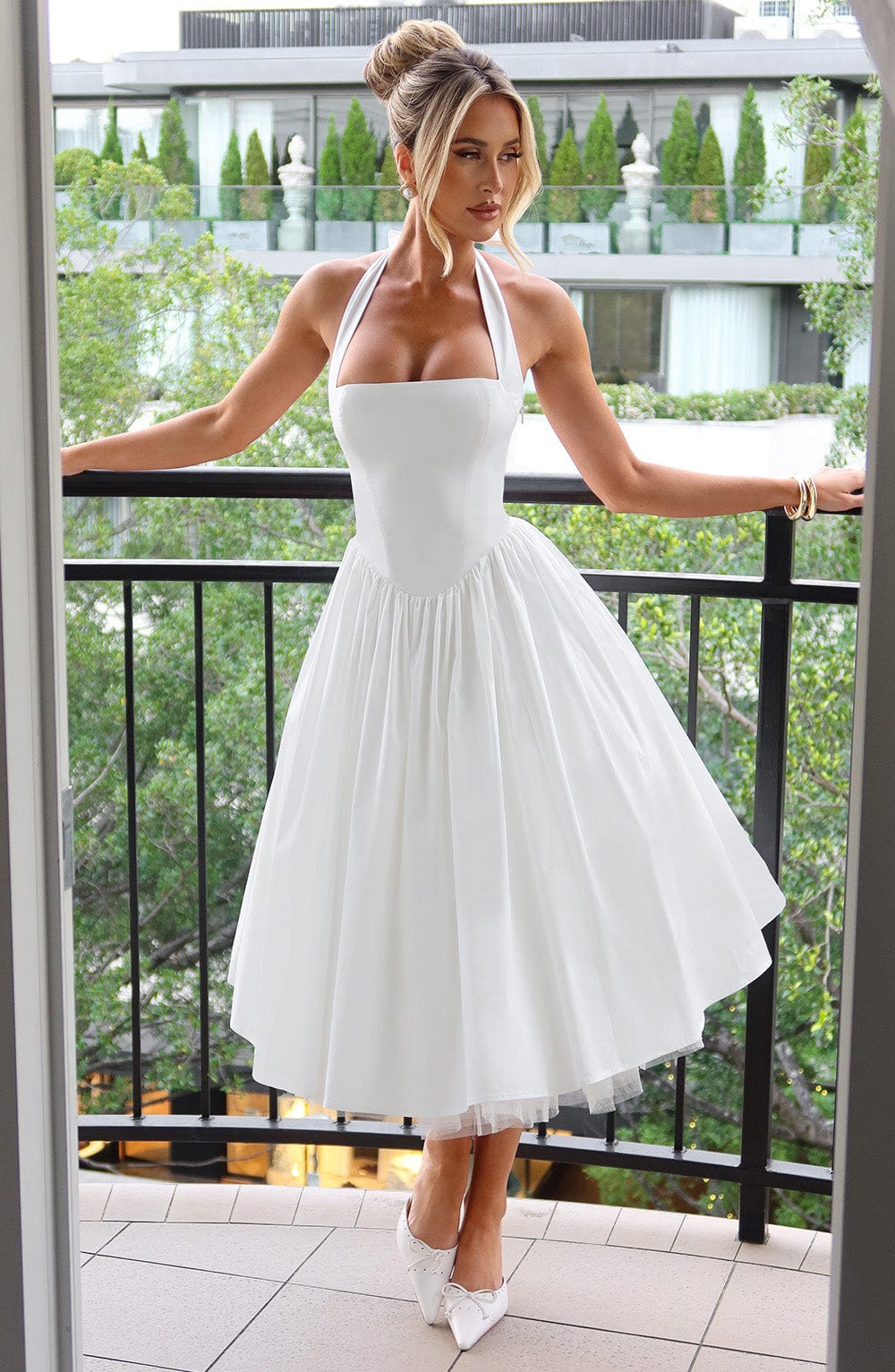Women's halter neck midi wedding guest dress