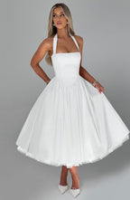 Women's halter neck midi wedding guest dress