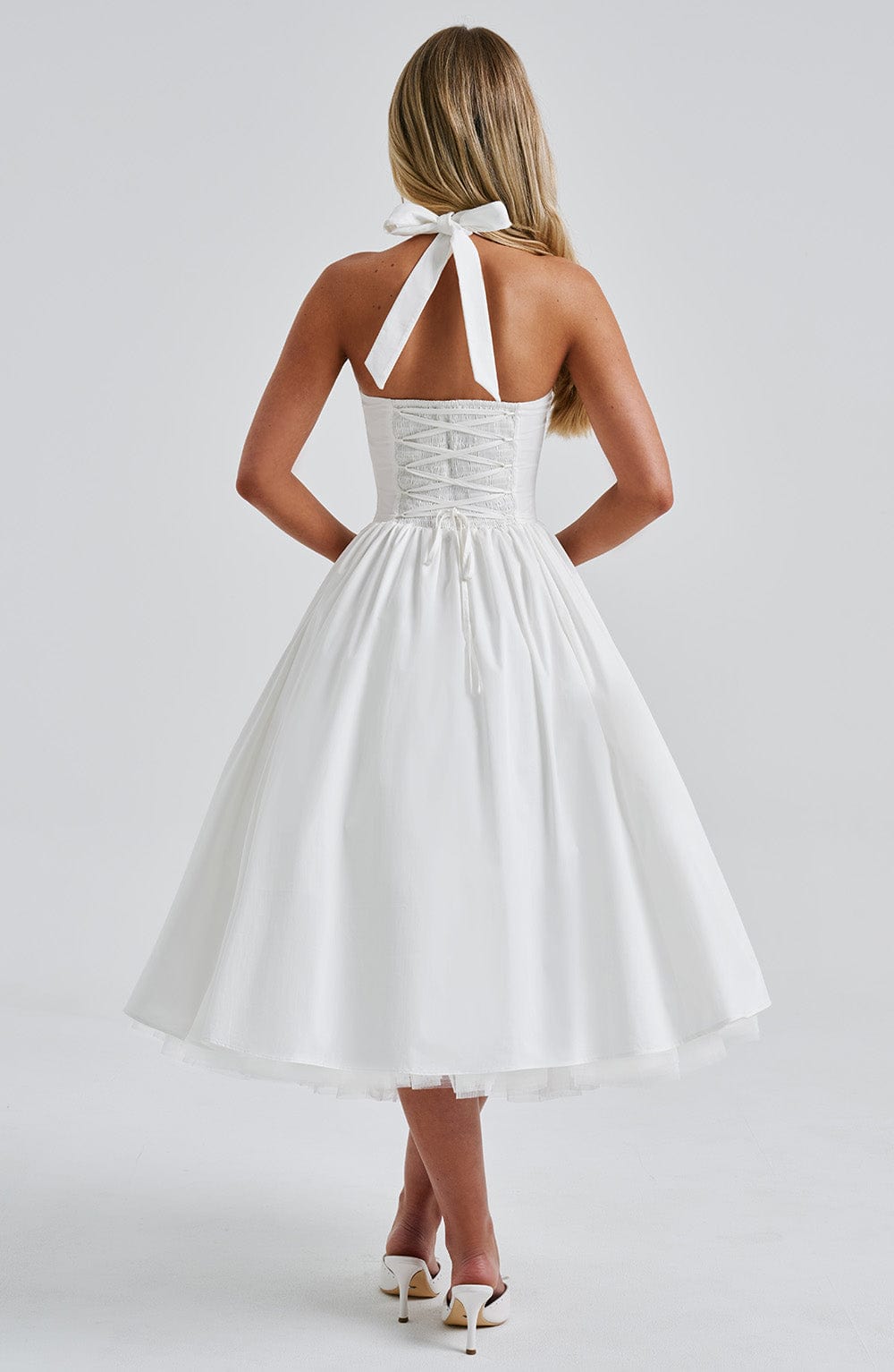 Women's halter neck midi wedding guest dress