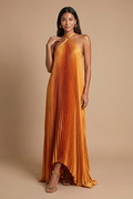 Women's halter neck maxi dress with open back and pleated skirt