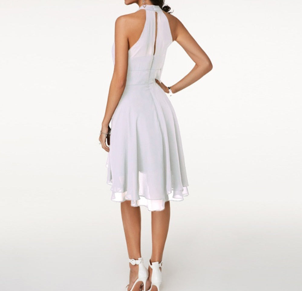 Women's halter neck midi cocktail dress with tiered skirt