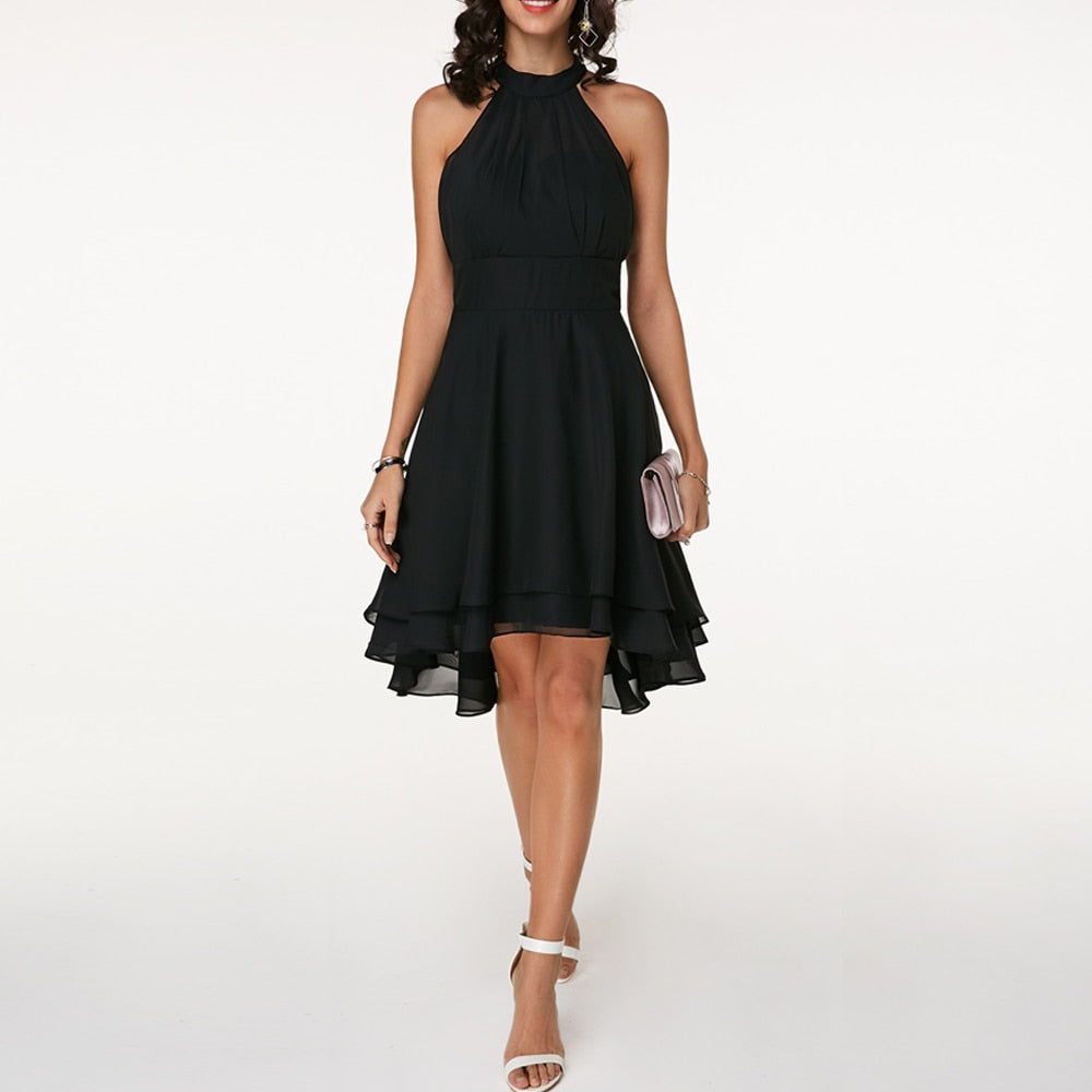 Women's halter neck midi cocktail dress with tiered skirt