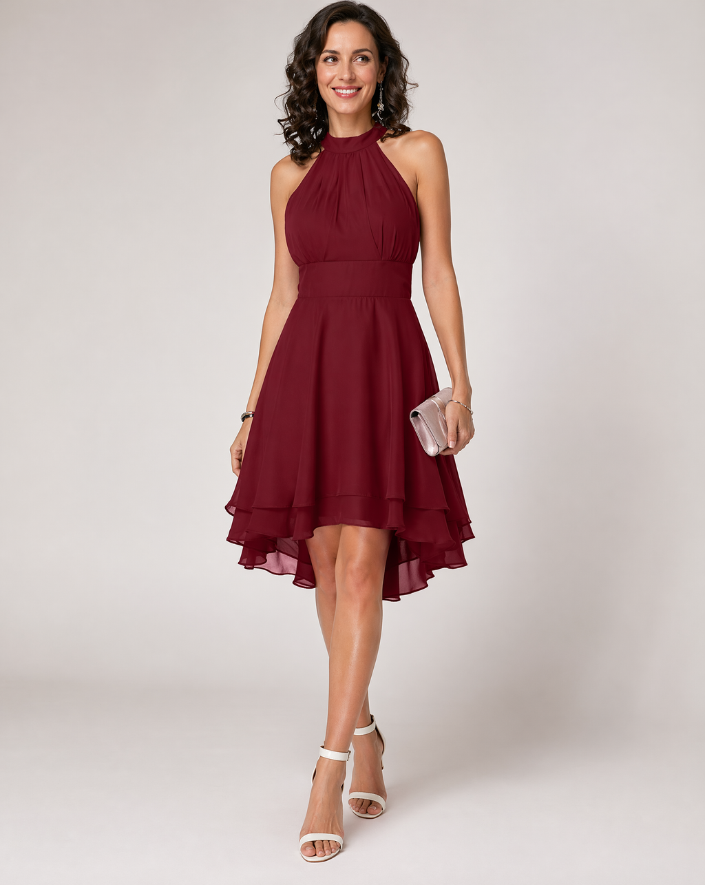 Women's halter neck midi cocktail dress with tiered skirt