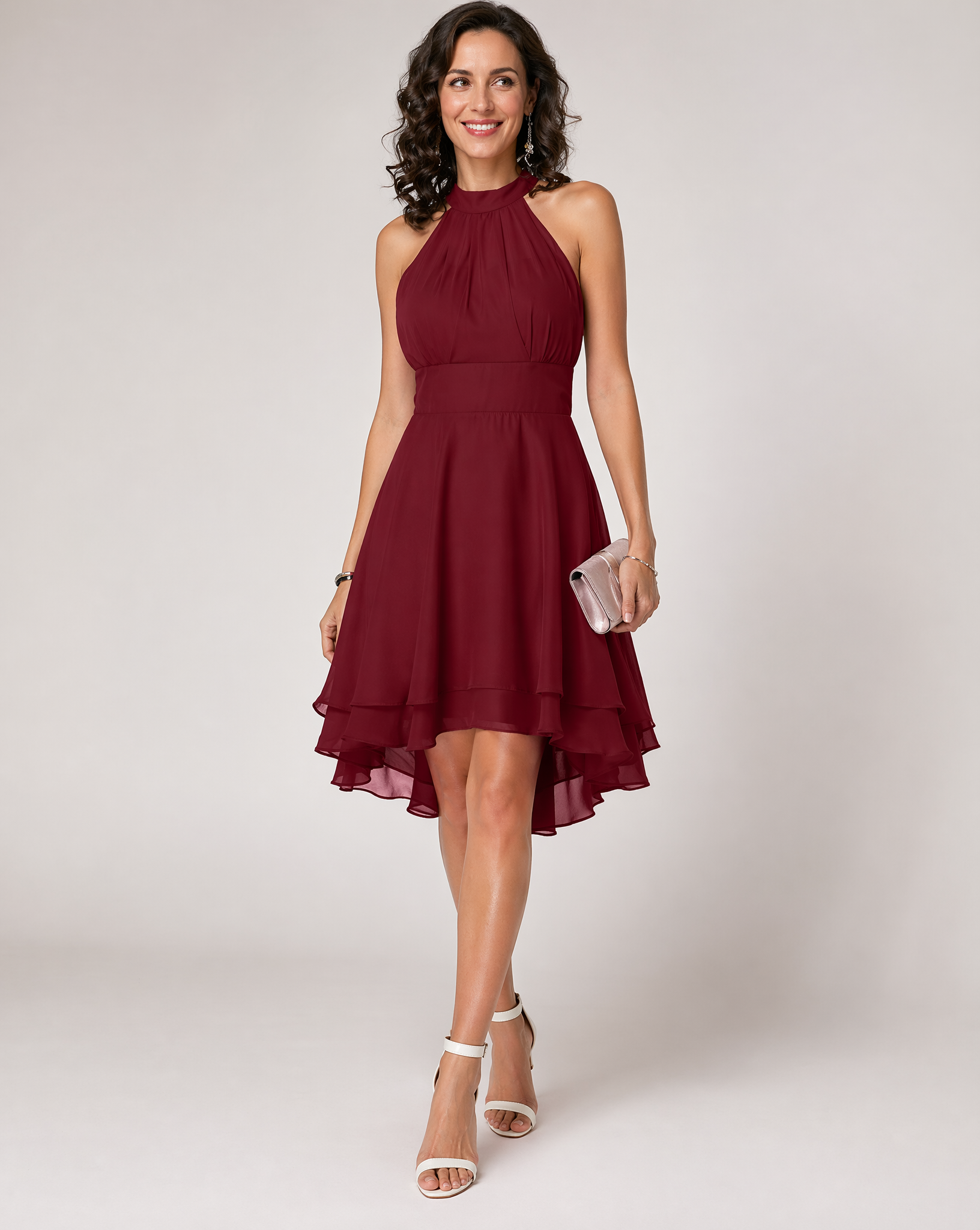Women's halter neck midi cocktail dress with tiered skirt
