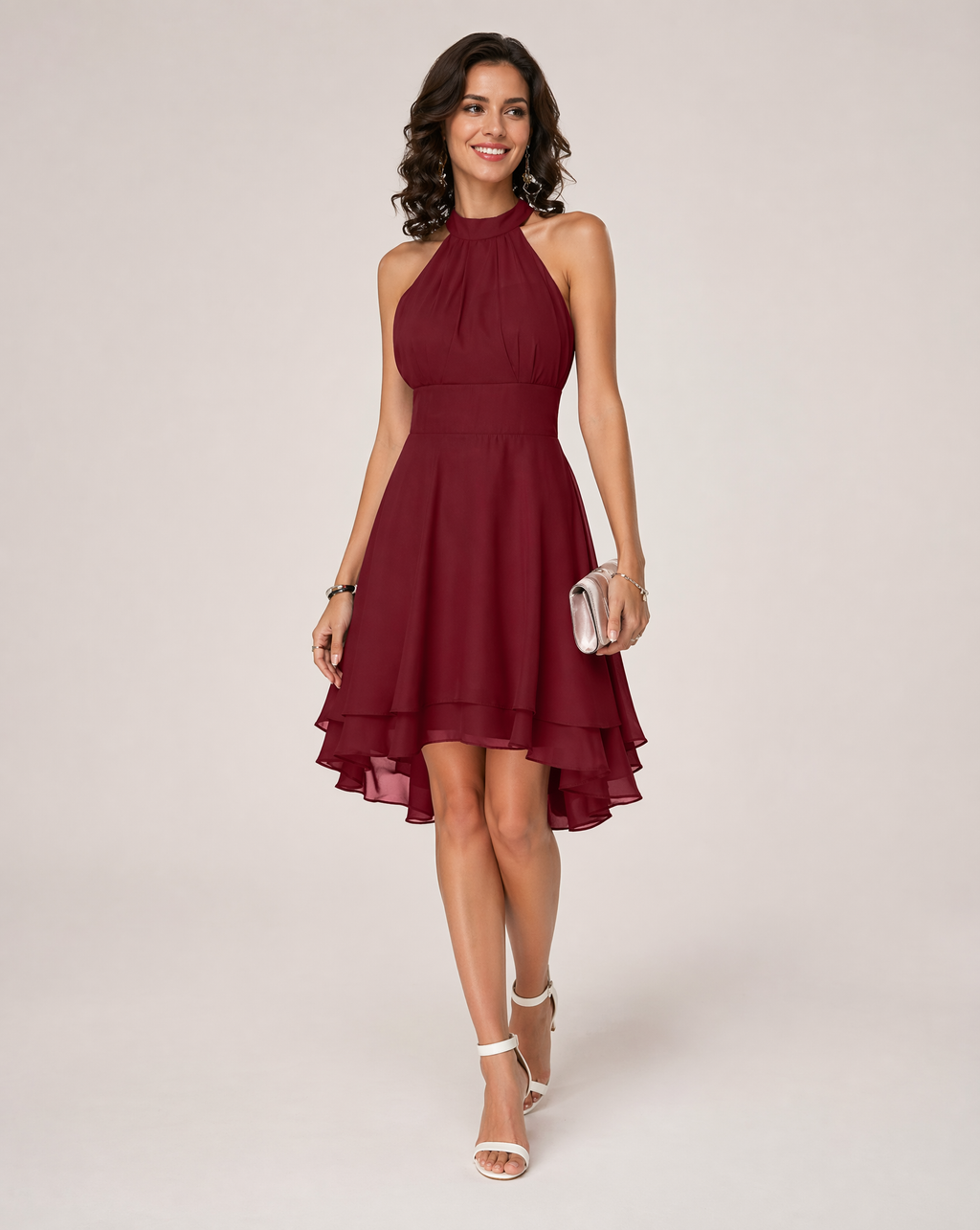 Women's halter neck midi cocktail dress with tiered skirt