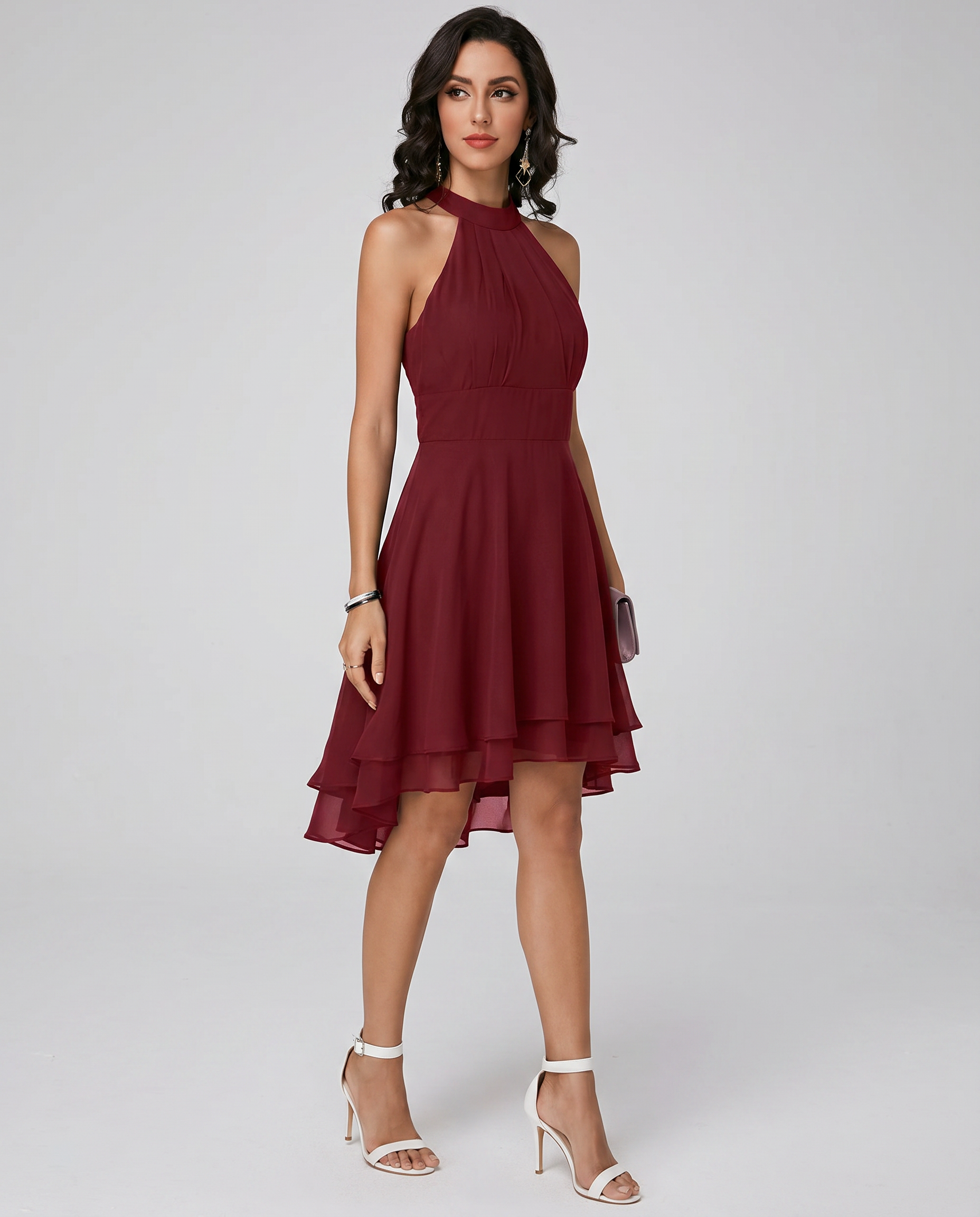 Women's halter neck midi cocktail dress with tiered skirt