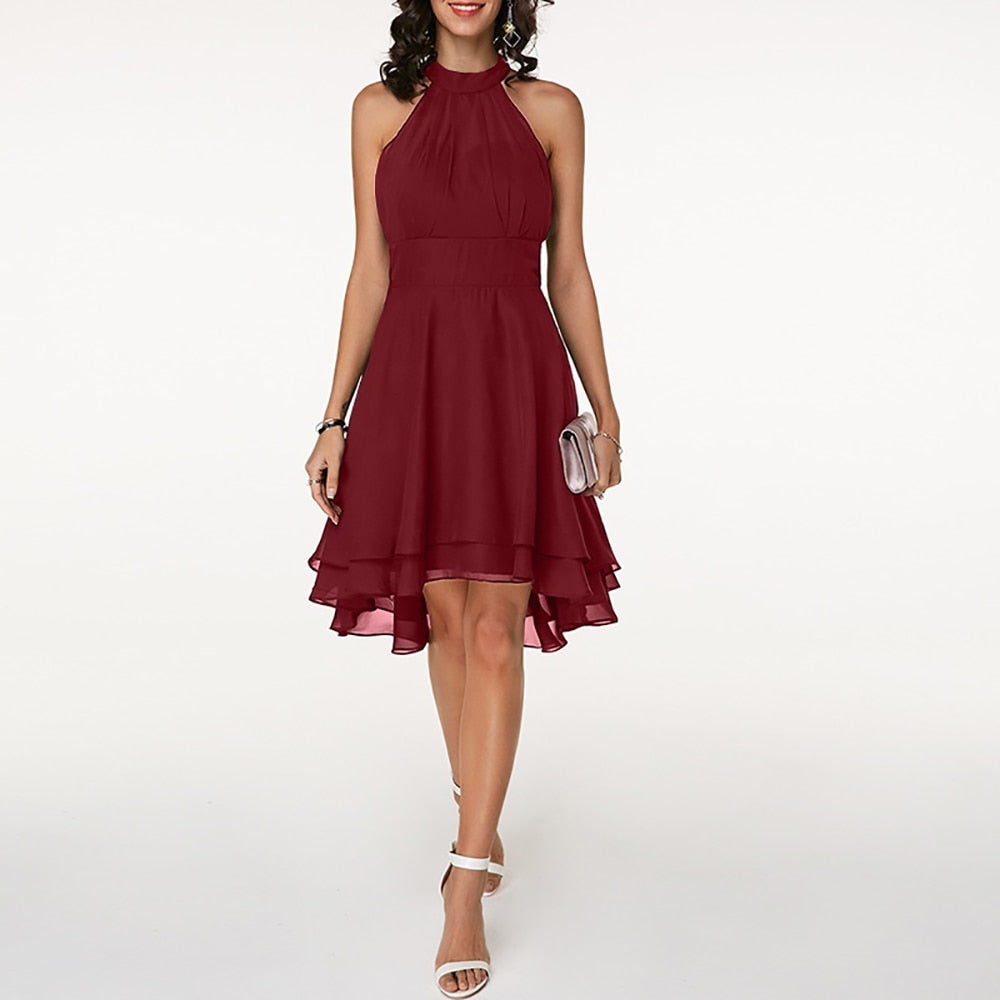 Women's halter neck midi cocktail dress with tiered skirt
