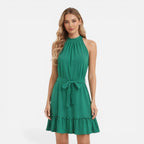 Women's halter neck mini summer dress with tie waist