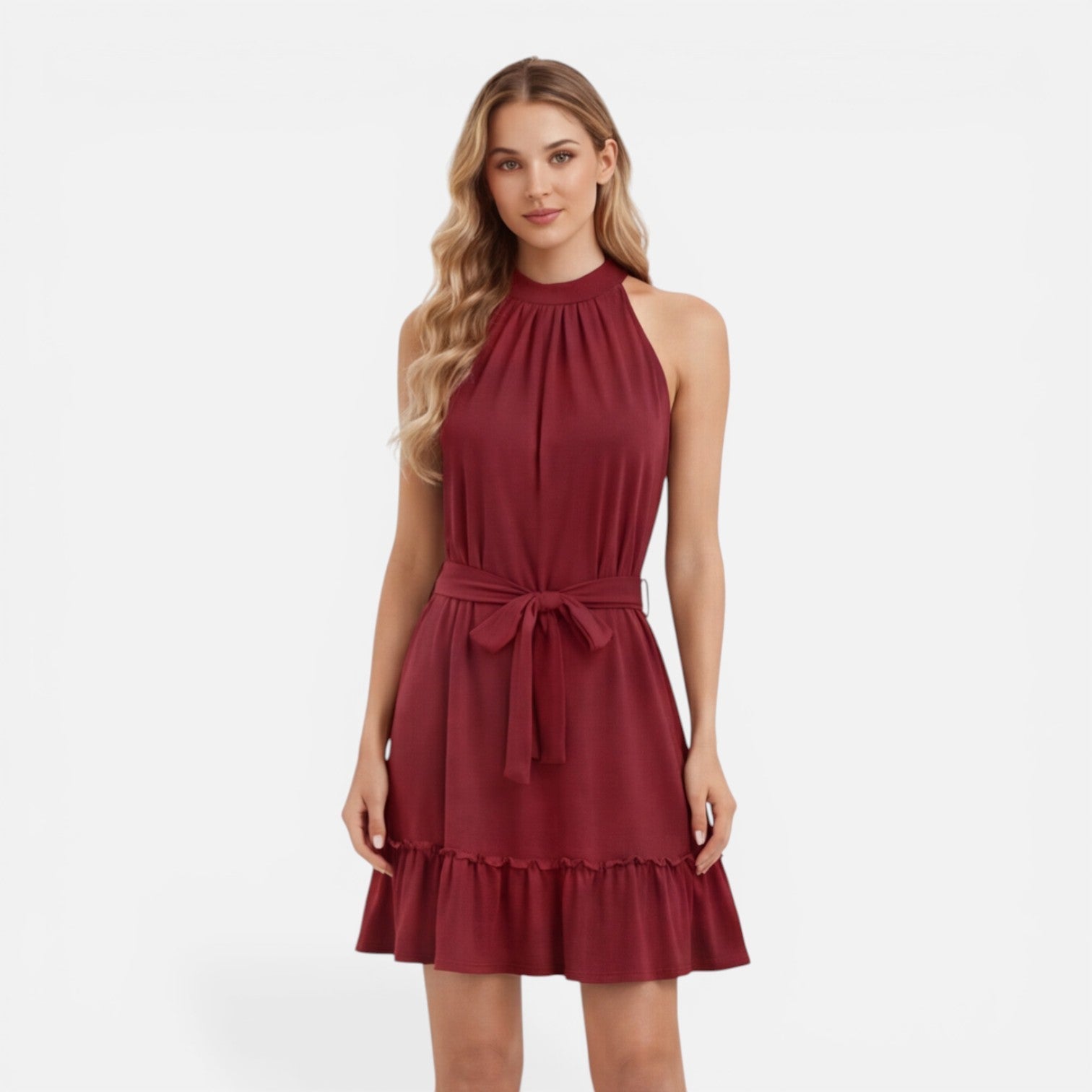 Women's halter neck mini summer dress with tie waist