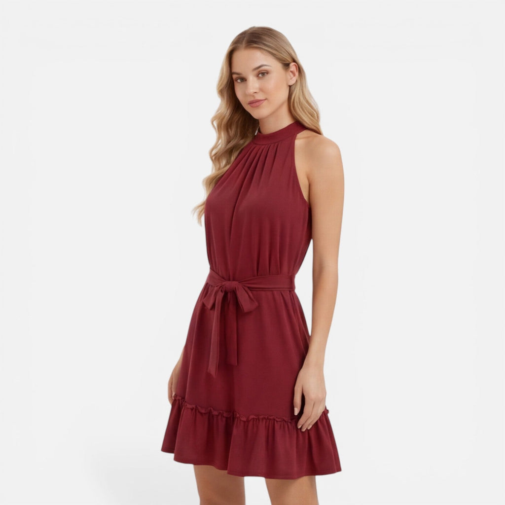 Women's halter neck mini summer dress with tie waist