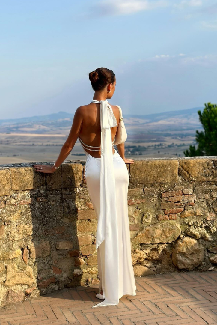 Women's open back maxi wedding guest dress