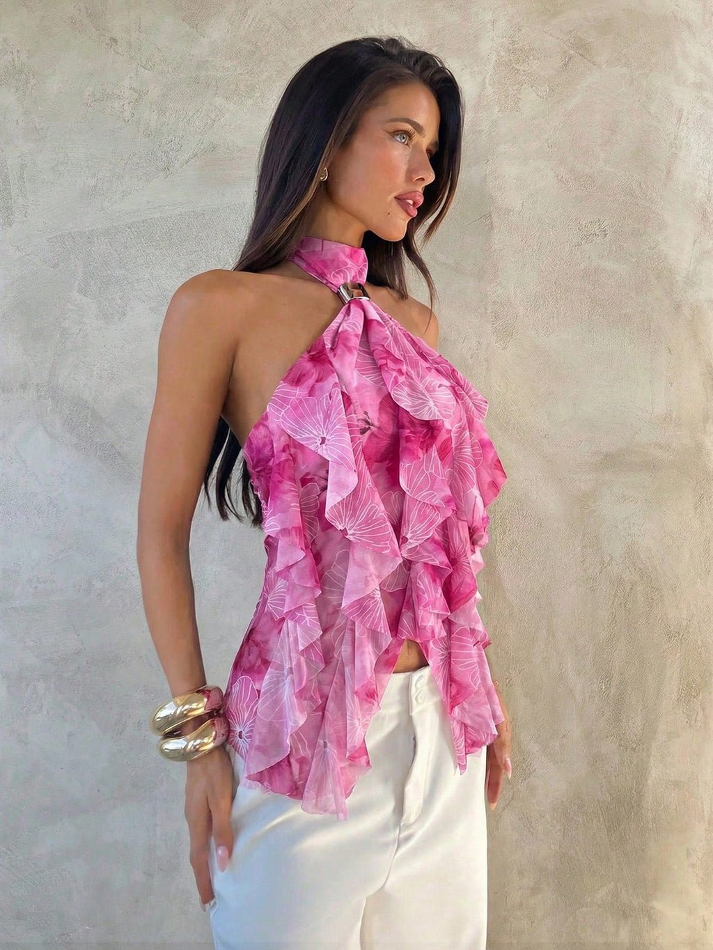 Women's halter neck ruffle party top