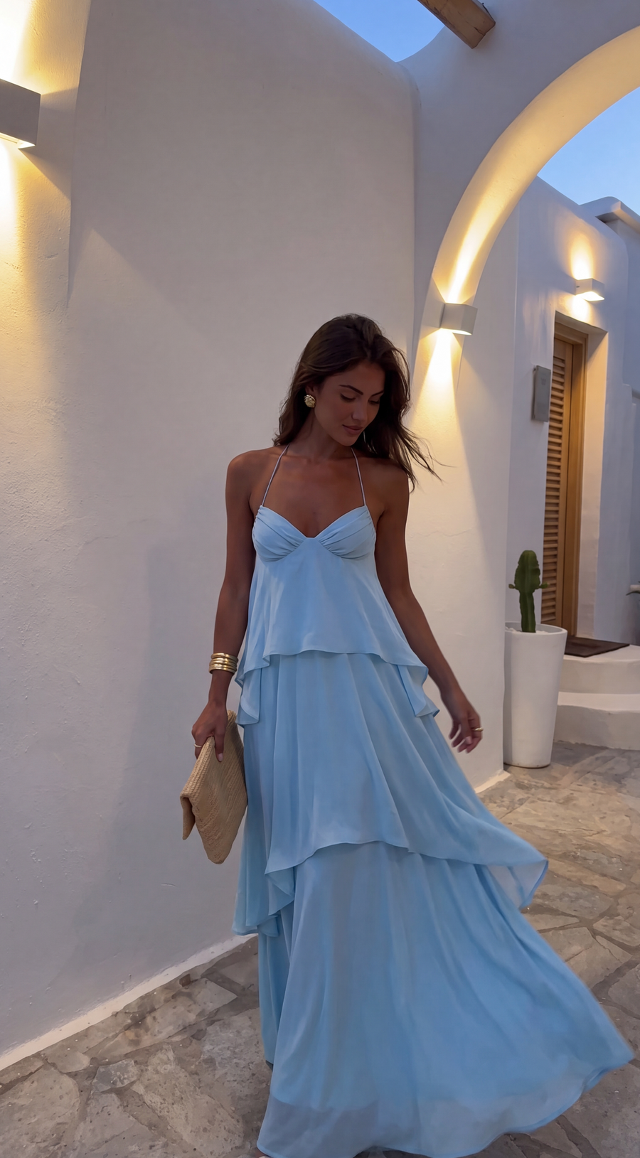 Women's halter neck tiered maxi wedding guest dress