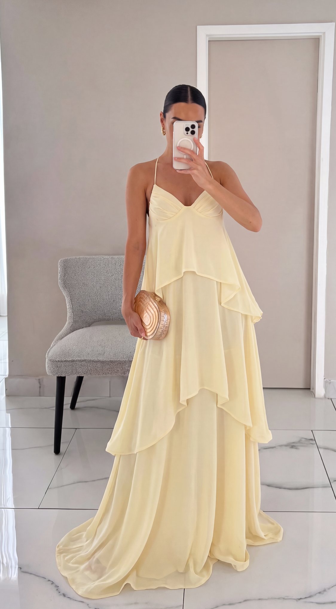 Women's halter neck tiered maxi wedding guest dress