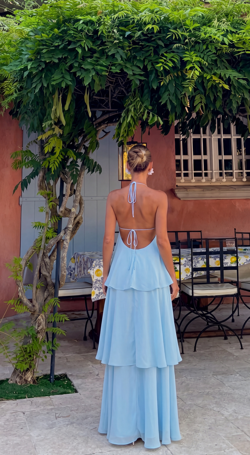 Women's halter neck tiered maxi wedding guest dress