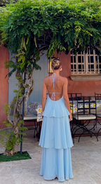Women's halter neck tiered maxi wedding guest dress