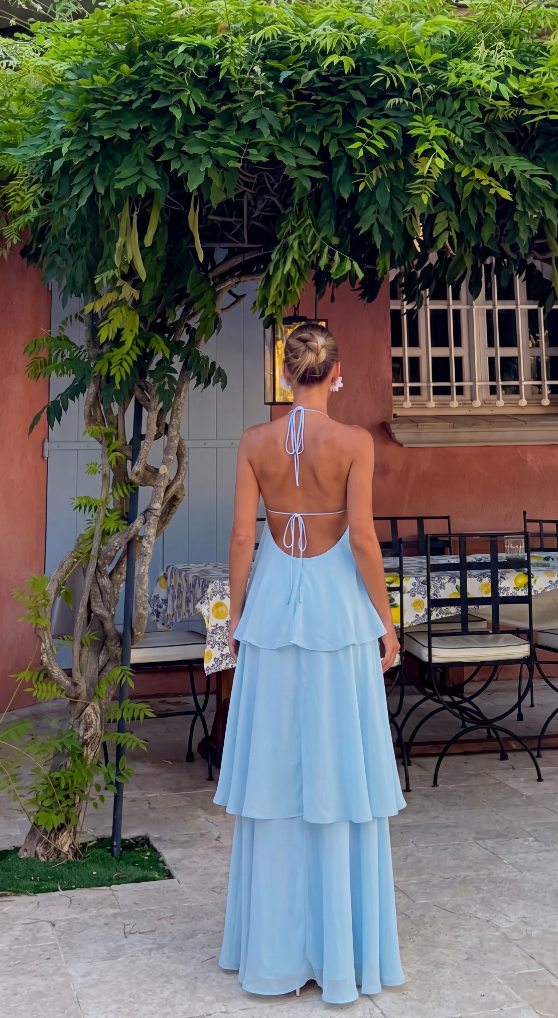 Women's halter neck tiered maxi wedding guest dress