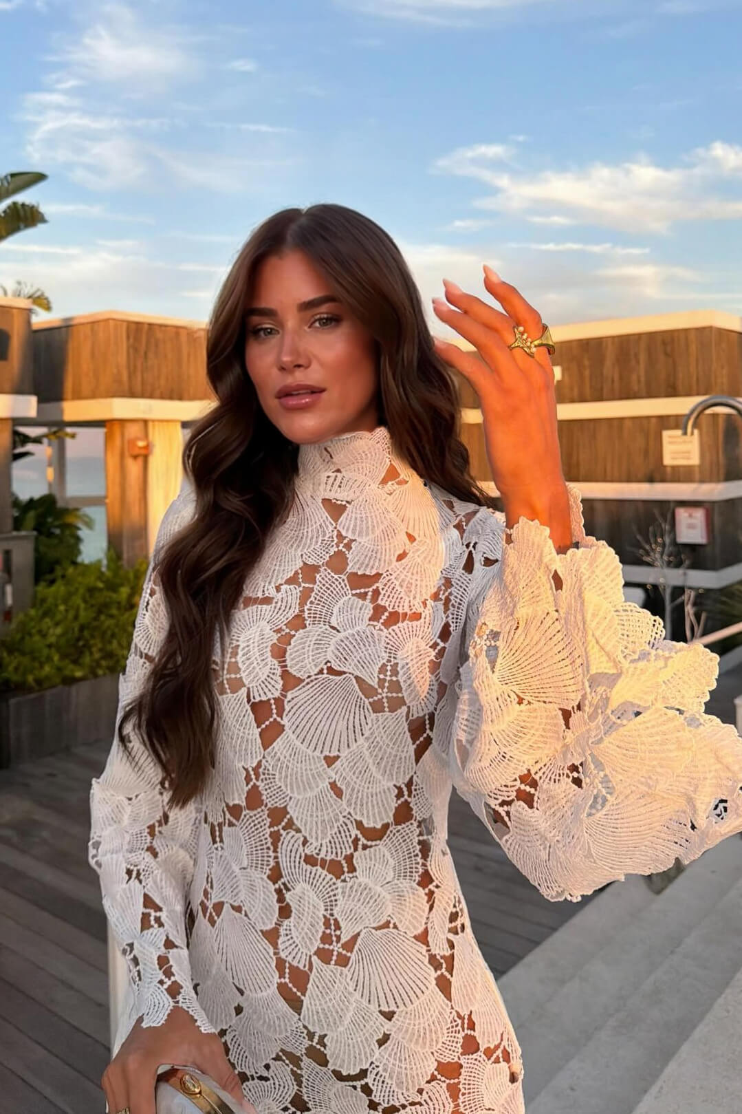 Women's high neck long sleeve lace mini cocktail dress
