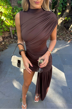 Women's high neck ruched asymmetric mini cocktail dress