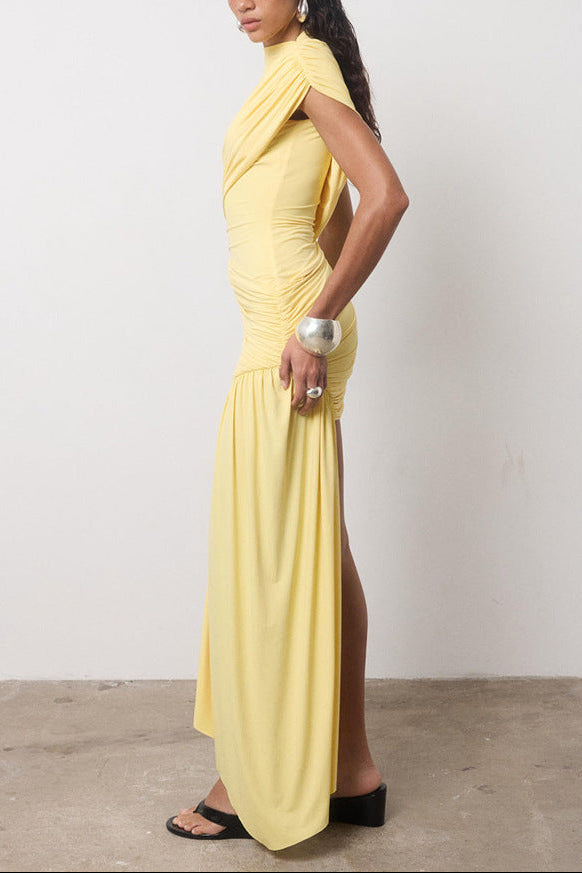 Women's high neck ruched asymmetric mini cocktail dress