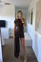 Women's high neck ruched asymmetric mini cocktail dress