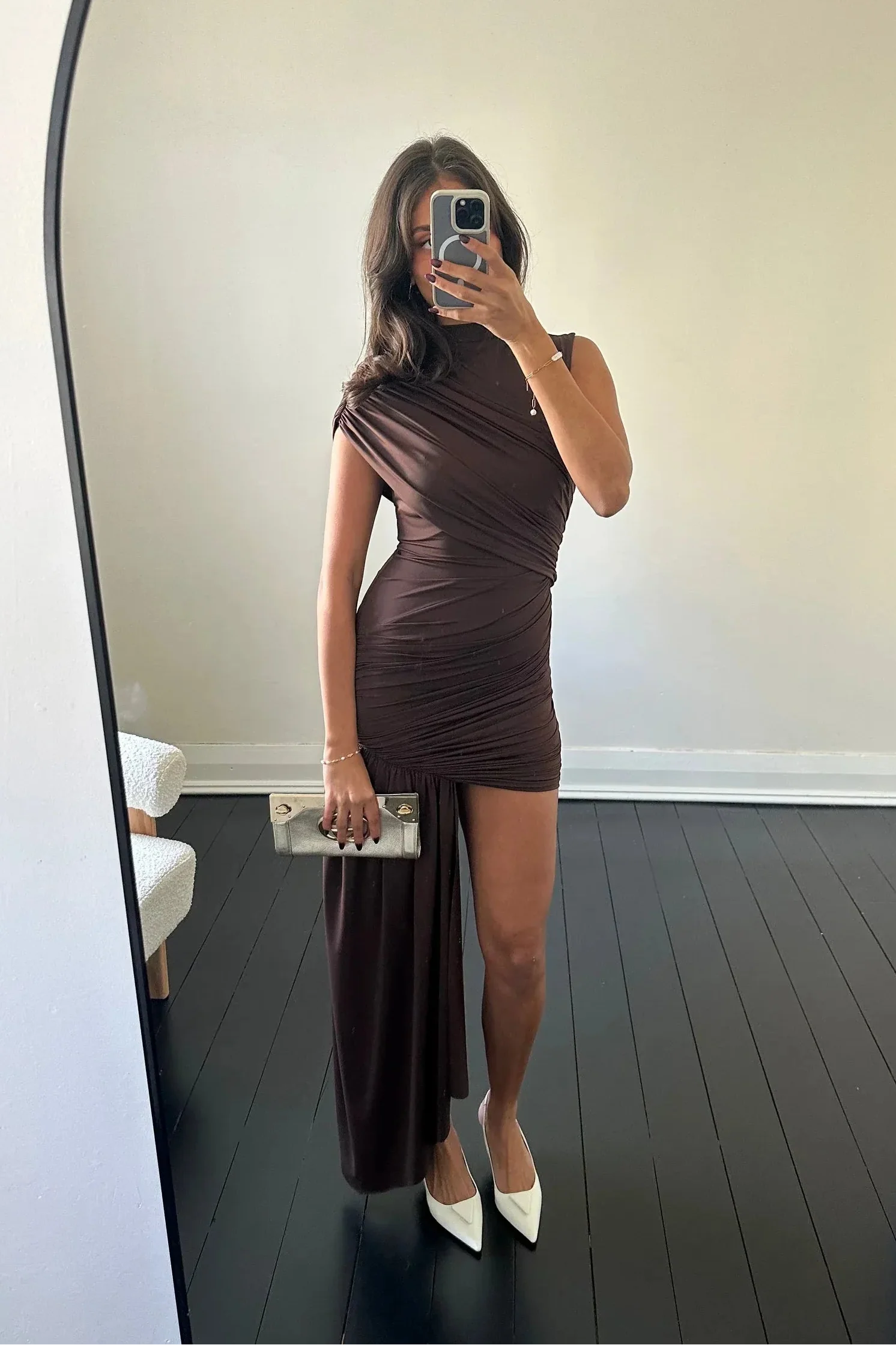 Women's high neck ruched asymmetric mini cocktail dress