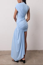 Women's high neck ruched asymmetric mini cocktail dress