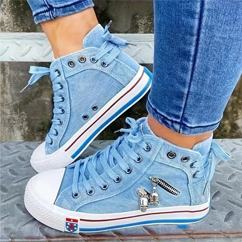 Women's high-top denim sneakers with zip detail and lace-up front