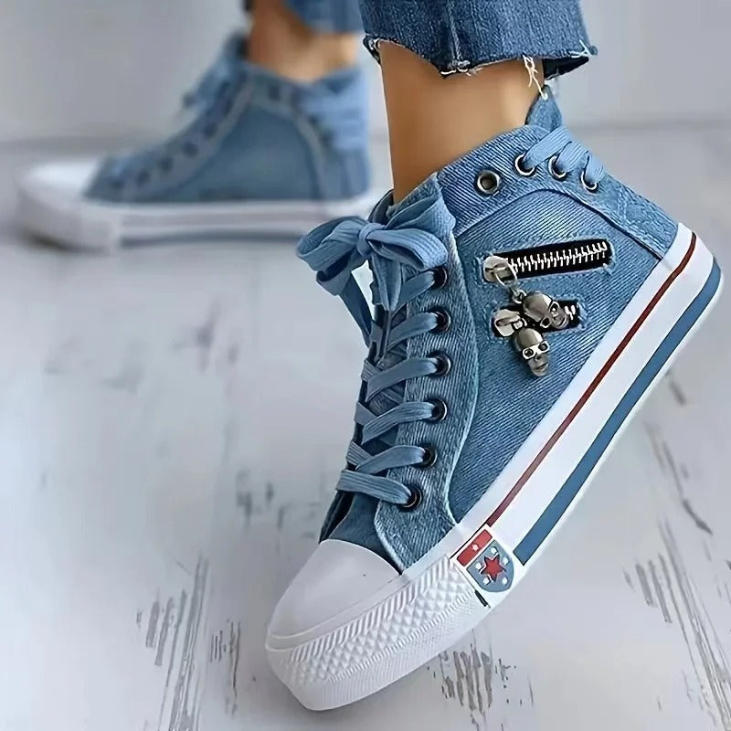Women's high-top denim sneakers with zip detail and lace-up front