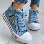 Women's high-top denim sneakers with zip detail and lace-up front