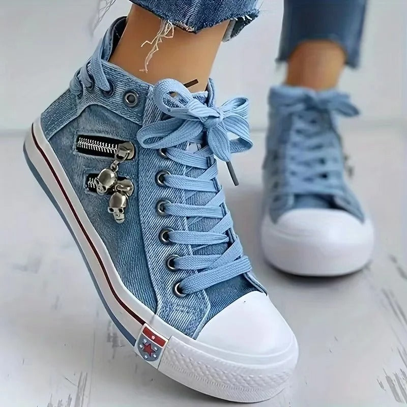 Women's high-top denim sneakers with zip detail and lace-up front