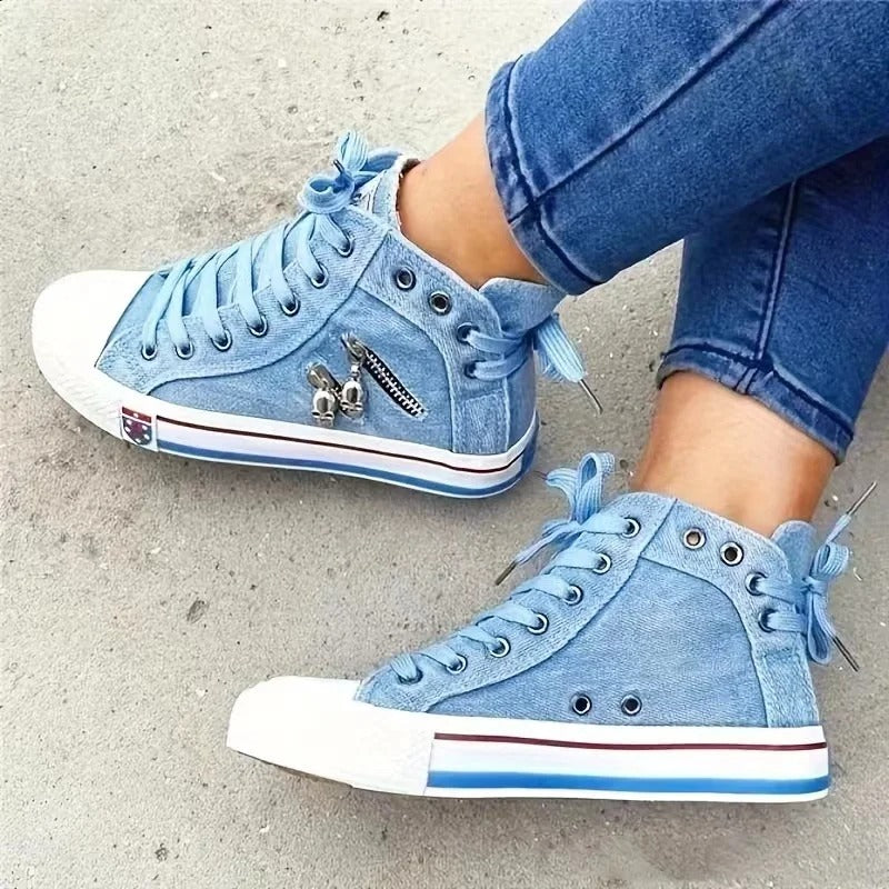 Women's high-top denim sneakers with zip detail and lace-up front
