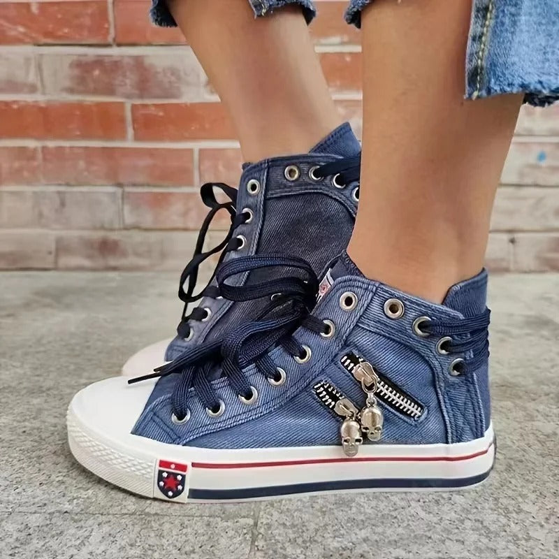 Women's high-top denim sneakers with zip detail and lace-up front