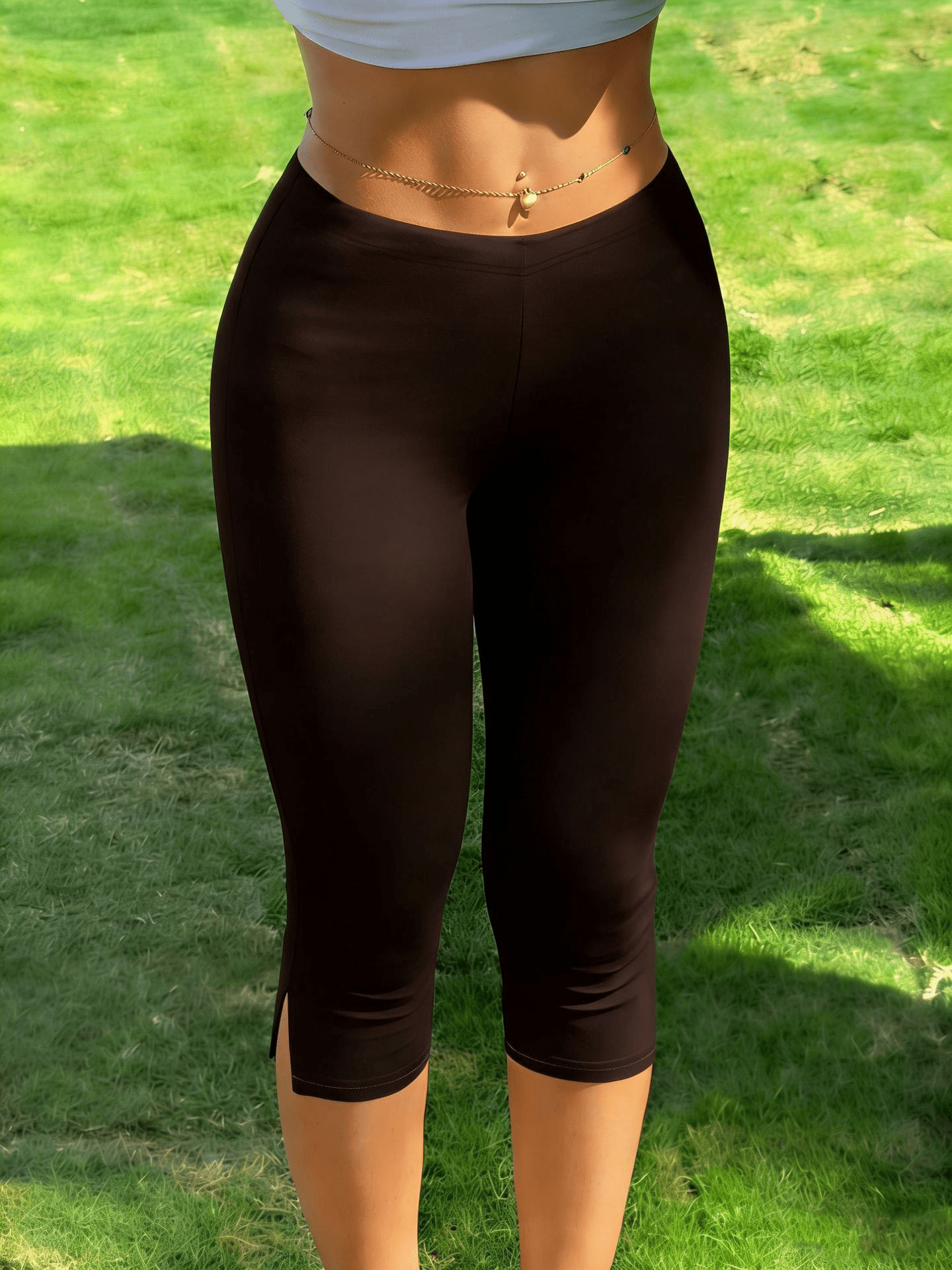 Women's high-waisted capri leggings with split hem
