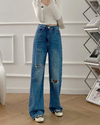 Women's high-waisted distressed wide-leg jeans