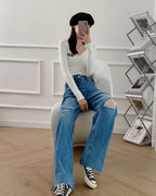Women's high-waisted distressed wide-leg jeans