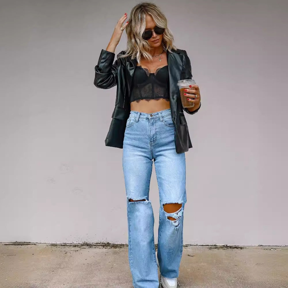 Women's high-waisted ripped knee jeans
