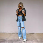 Women's high-waisted ripped knee jeans