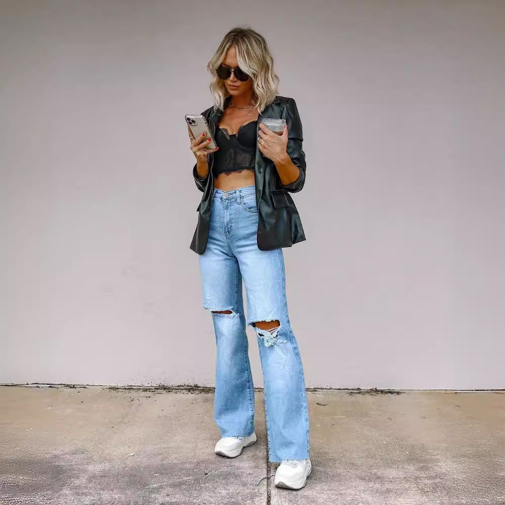 Women's high-waisted ripped knee jeans
