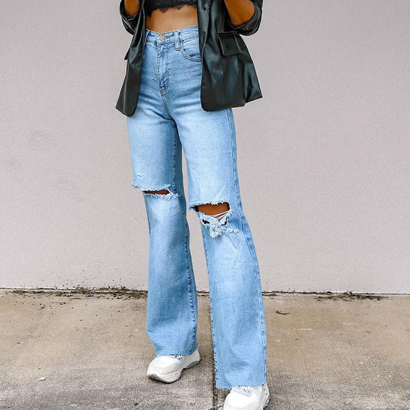 Women's high-waisted ripped knee jeans