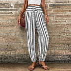 Women's high-waisted striped boho summer pants with drawstring waist
