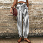 Women's high-waisted striped boho summer pants with drawstring waist