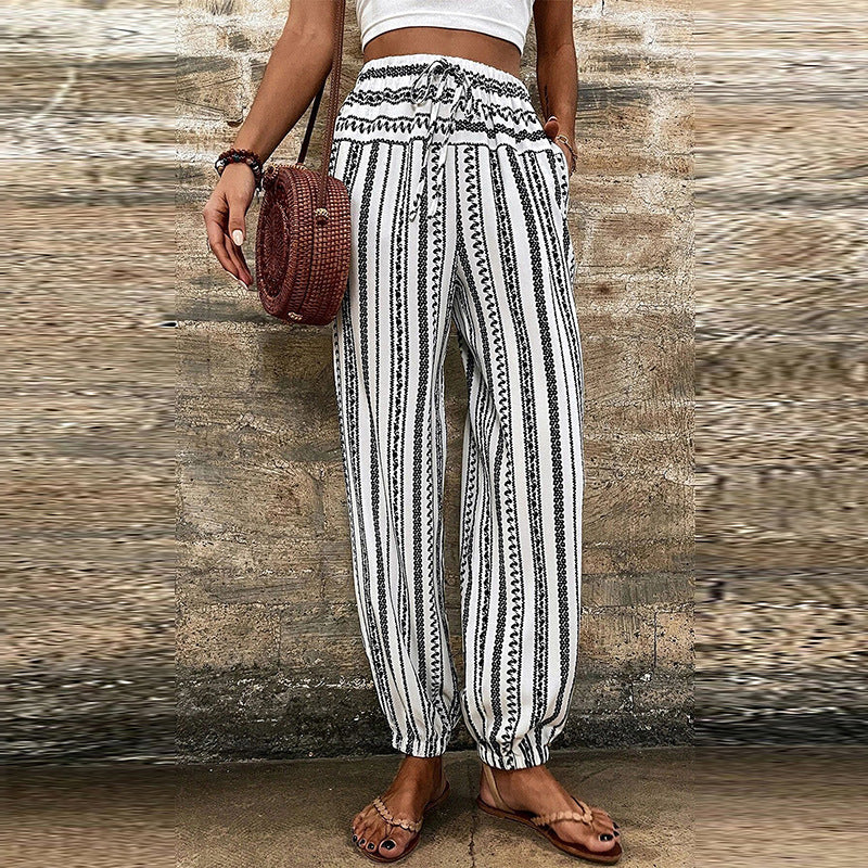 Women's high-waisted striped boho summer pants with drawstring waist