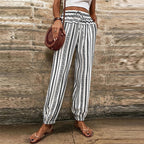 Women's high-waisted striped boho summer pants with drawstring waist